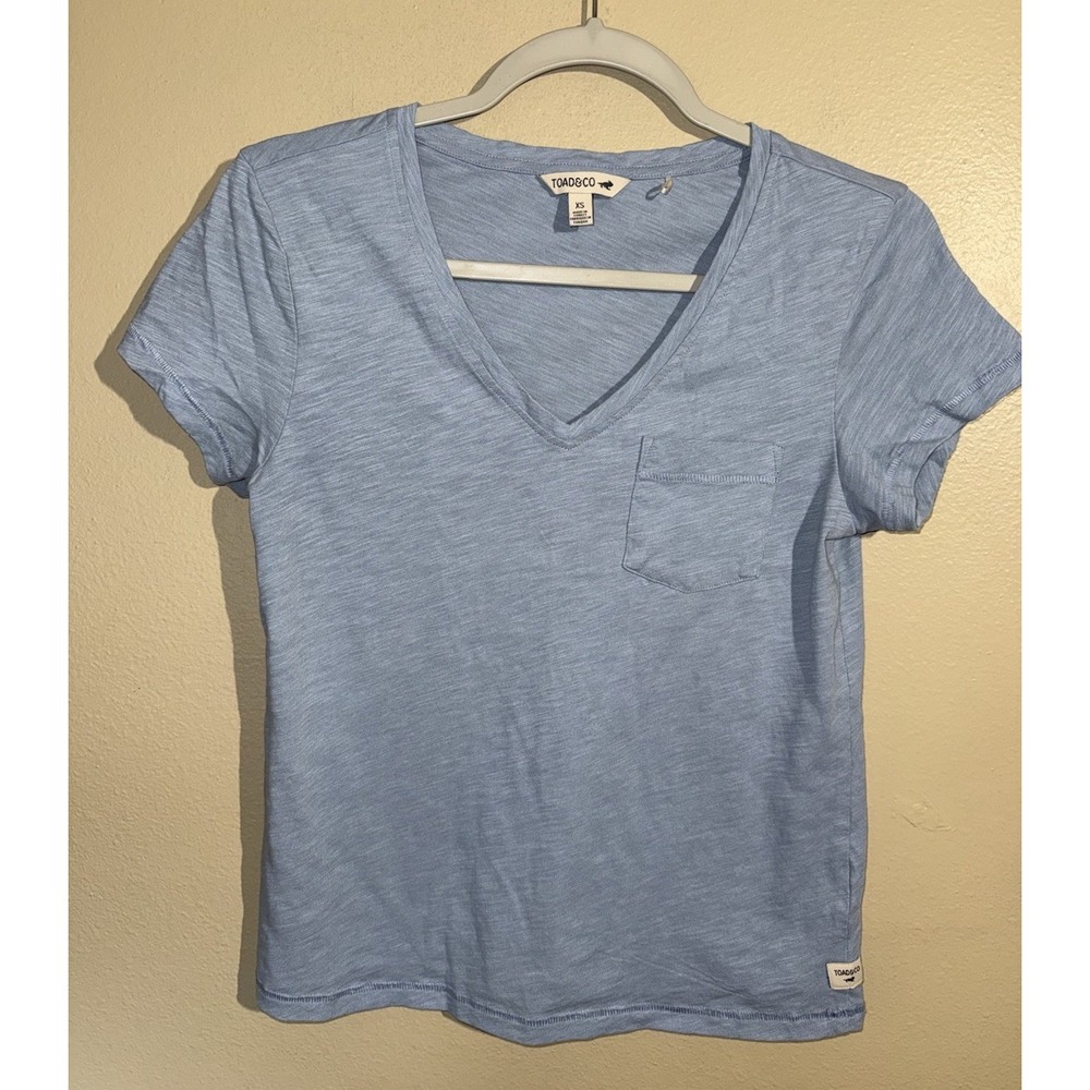 Toad & Co Women's V-Neck Pocket Tee Baby Blue Size XS Slub Organic